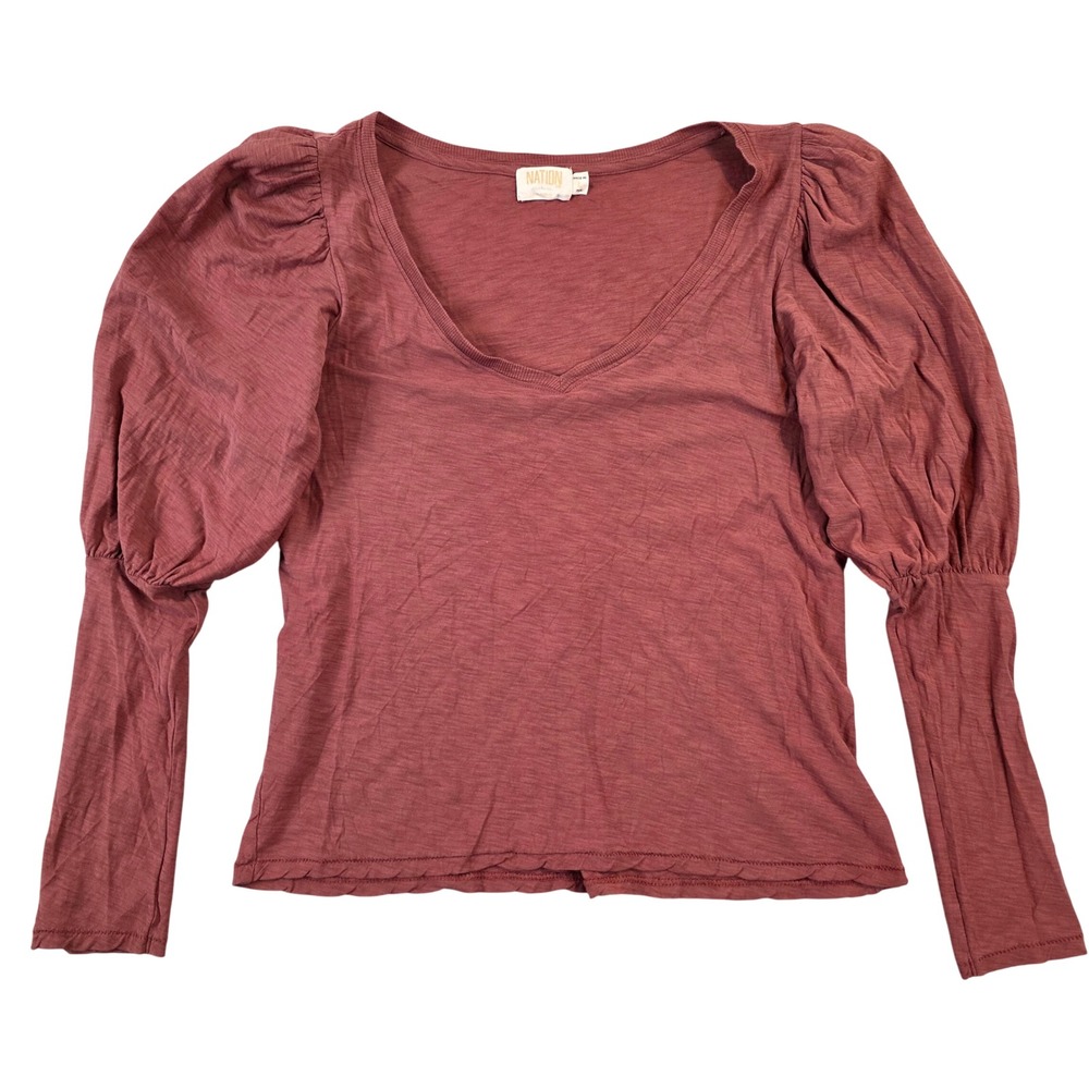 Nation LTD Lima V-Neck Puff Sleeve Pima Cotton Top Rosewood Red Large 1292RS